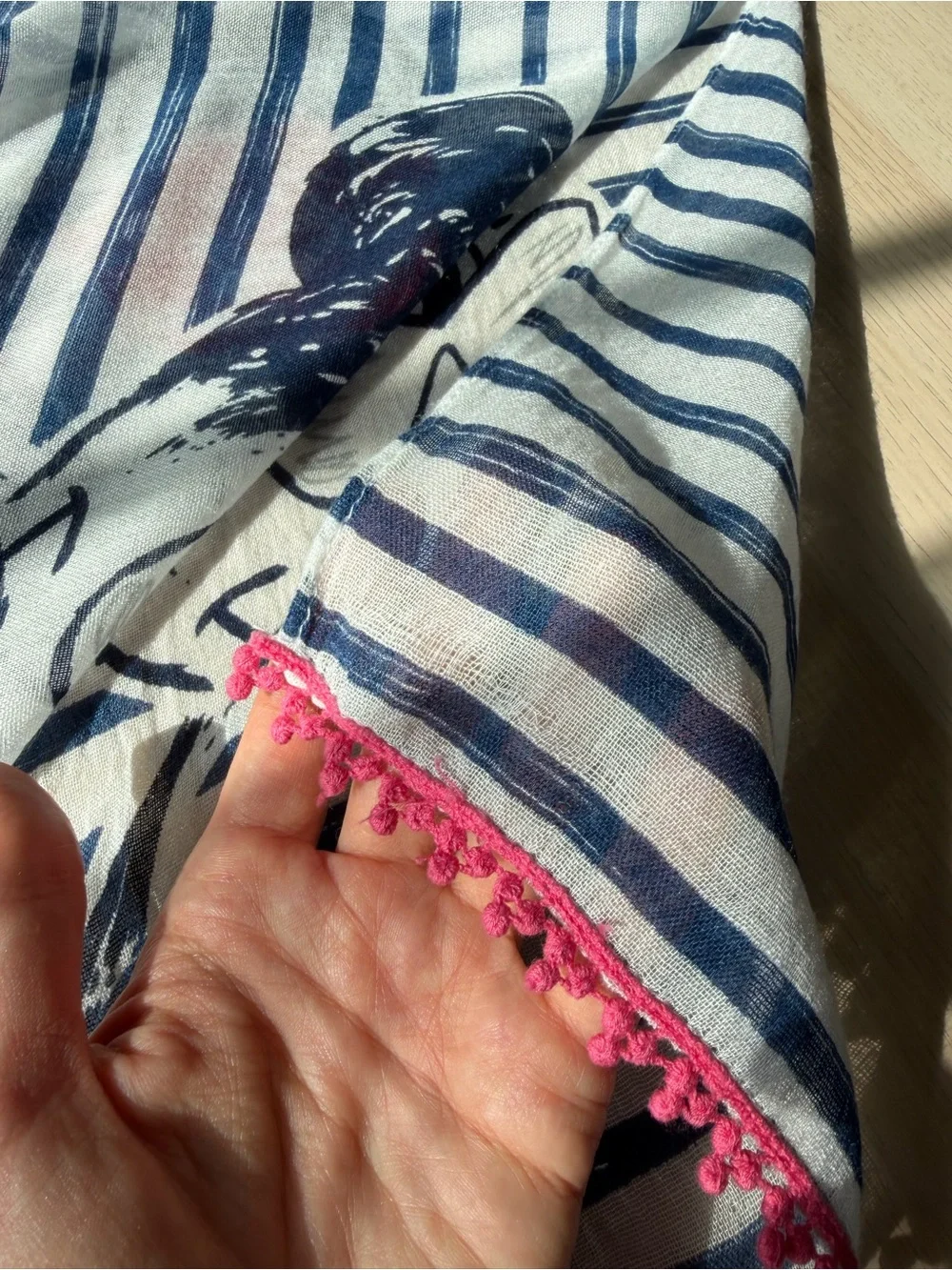 Nautical Striped Minnie Mouse Beach Scarf Sarong with Pink Pom Pom Trim Boho